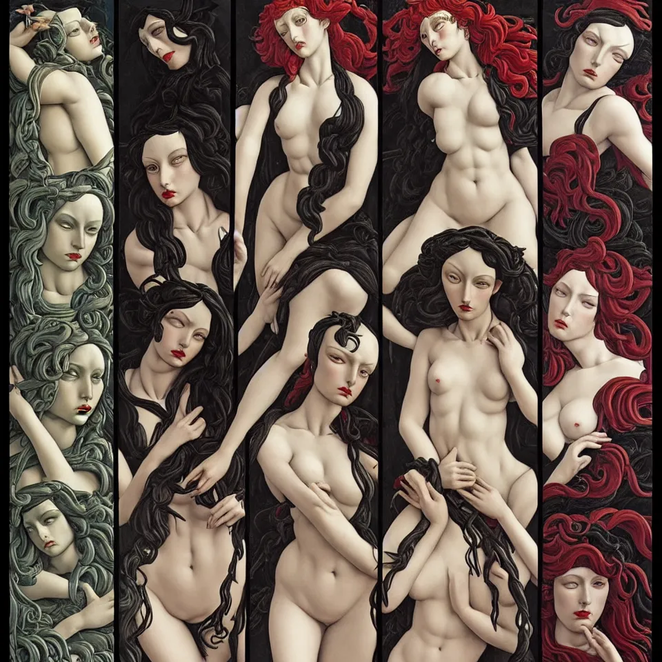 Image similar to 12 figures representing the sins, 3 are Gluttony, 3 are Pride, 3 are Envy, and 3 are Wrath, in a mixed style of Botticelli and Æon Flux, inspired by pre raphaelite paintings, and cyberpunk!!!, stunningly detailed, stunning inking lines, flat colors, 4K photorealistic.