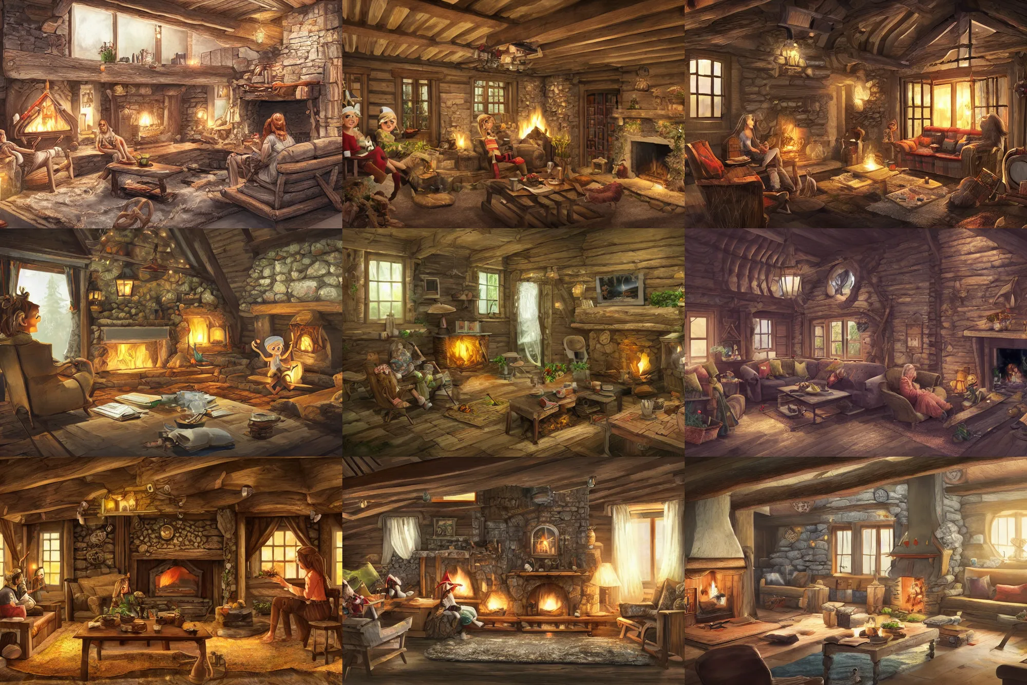 Image similar to wooden cottage, living room, elves sitting on the couch, high - tech devices, traditional fireplace, concept art