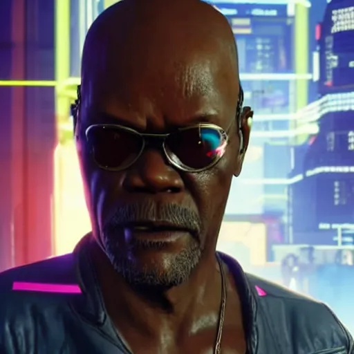 Prompt: Samuel L Jackson in cyberpunk 2077