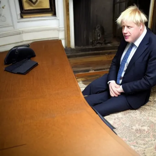 Prompt: Boris Johnson wearing suit and necktie and black shoes resting his feet up on a desk