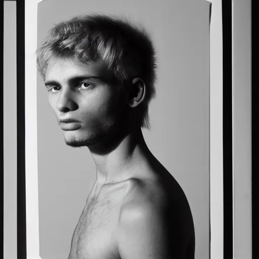 Prompt: portrait of a young 2 5 year old blonde blued serbian man photographed by robert mapplethorpe