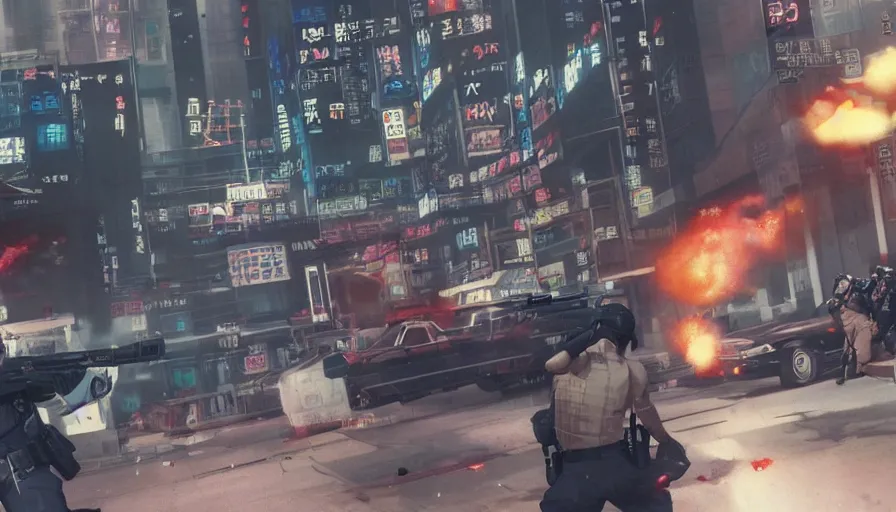 Prompt: 1994 Video Game Screenshot, Anime Neo-tokyo Cyborg bank robbers vs police, Set in Cyberpunk Bank Lobby, Multiplayer set-piece :9, Police officers under heavy fire, Police Calling for back up, Bullet Holes and Blood Splatter, :6 Smoke Grenades, Riot Shields, Large Caliber Sniper Fire, Chaos, Anime Cyberpunk, Anime Bullet VFX, Machine Gun Fire, Violent Gun Action, Shootout, Escape From Tarkov, Intruder, Payday 2, 8k :4 by Katsuhiro Otomo: 9