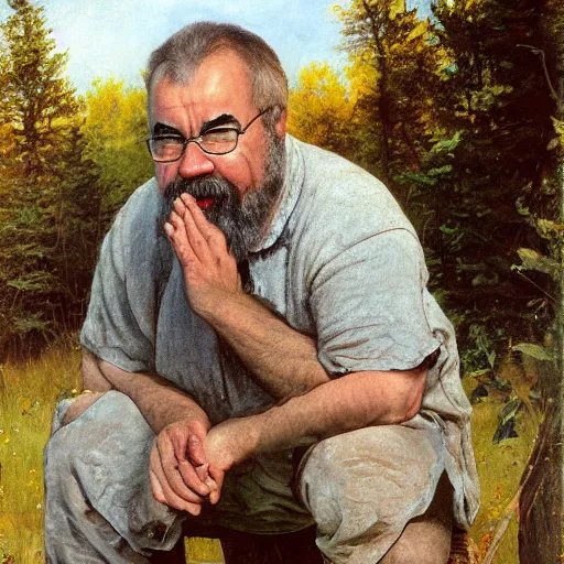 Prompt: Gary Gygax Gary Gygax plays dungeons and dragons in the middle of a field, Rye (Shishkin), painting by Ivan Shishkin, Ernest Gary Gygax face, photo by Gary Gygax, painting by Valentin Serov, oil painting, beautiful eyes