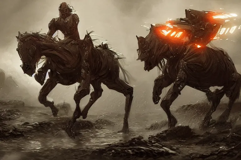 Prompt: a cyborg horse running through a swamp, concept art, artstation