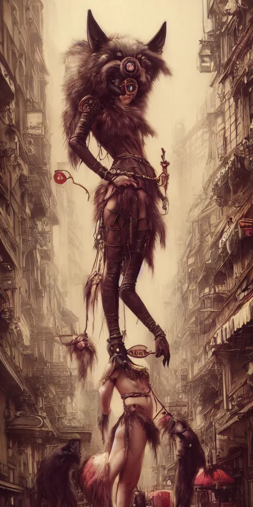 Image similar to hyper realistic Princess Mononoke, ornate mask, wet market street, cyberpunk metropolis, city landscape, jewels, full body pose, wolves, style of tom bagshaw, mucha, james gurney, norman rockwell, denoised, sharp