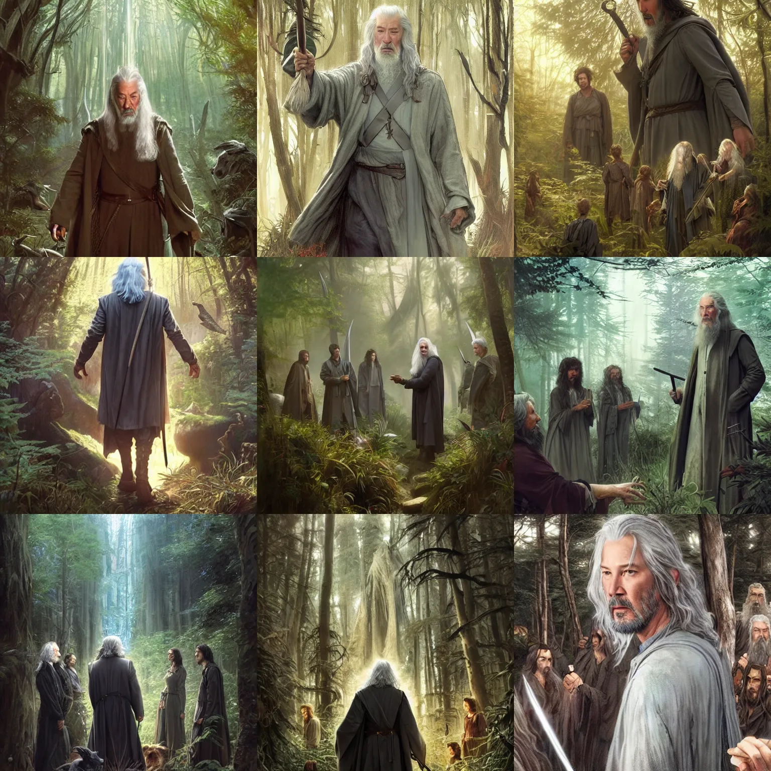 Prompt: Keanu Reeves as Gandalf surrounded by hobbits in the forest, highly detailed, digital painting, artstation, concept art, sharp focus, illustration, art by artgerm and greg rutkowski and alphonse mucha
