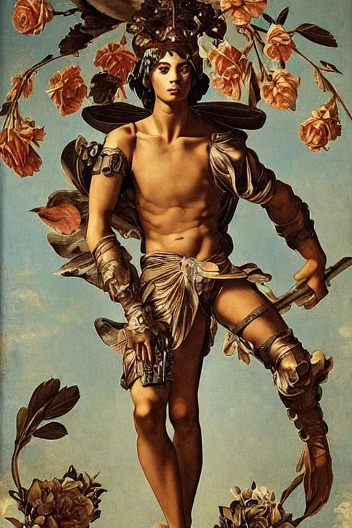 Image similar to a young handsome Spanish metal android with a large glowing battery in the center of his chest in a full-body bronze cyberpunk style statue of Icarus with glowing blue eyes, crown of peach roses, flowing teal-colored silk, fabric, flowers. baroque elements, human skull. full-length view. baroque element. intricate artwork by caravaggio. many many birds birds on background. Trending on artstation, octane render, cinematic lighting from the right, hyper realism, octane render, 8k, depth of field, 3D