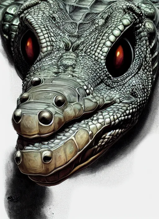 Image similar to portrait of an alligator - headed reptile, beautiful face, hyper realistic, highly detailed, digital painting, artstation, illustration, concept art by hyung tae and frank frazetta, digital paint, matte paint, washed colors, eating cakes, dark, gloomy, foggy