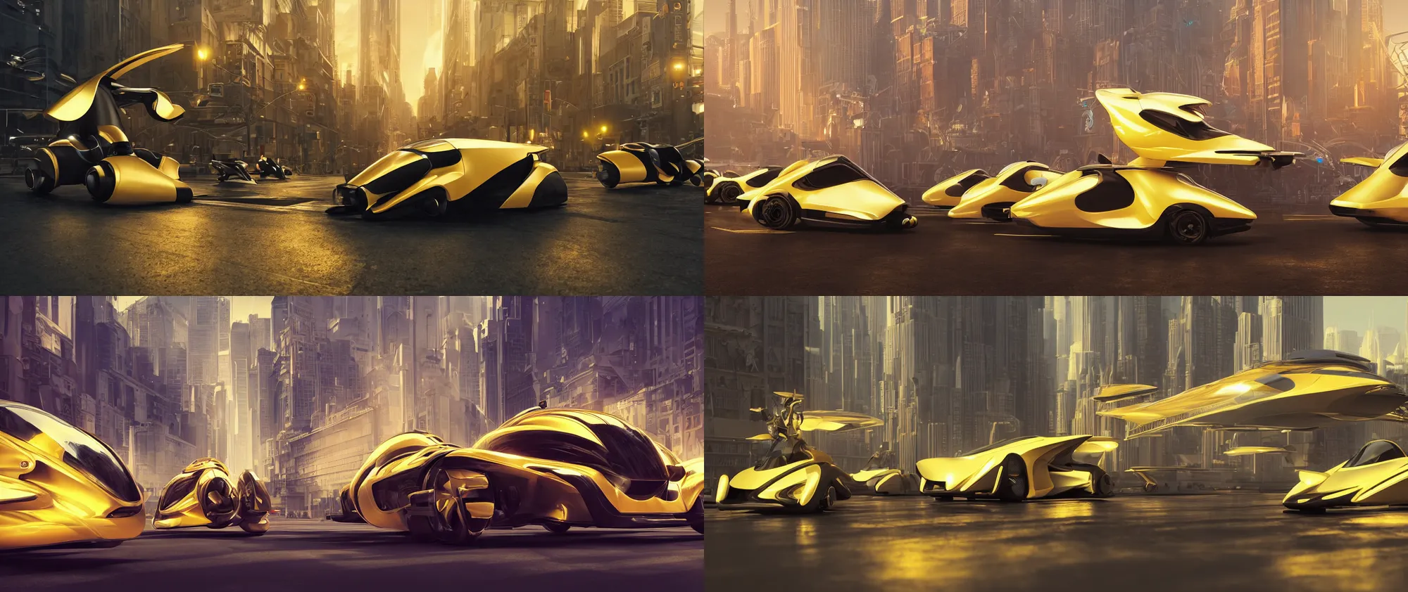 Prompt: Personal pod vehicles designed by Syd Mead, hypermaximalistic, minamalist design, smooth clean surfaces, high details, cinematic, 8k resolution, beautifully detailed, insanely intricate details, artstation trending, octane render, hard surface model, warm yellow lights, golden hour, city background in silhouette,