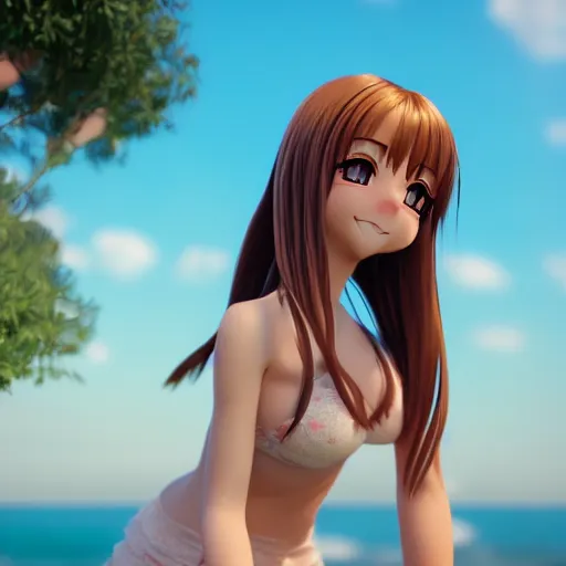 Image similar to Render of a very beautiful 3d anime cat girl, long hair, hazel eyes, cute freckles, full round face, short smile, cute sundress, golden hour, serene beach setting, medium shot, mid-shot, highly detailed, trending on Artstation, Unreal Engine 4k