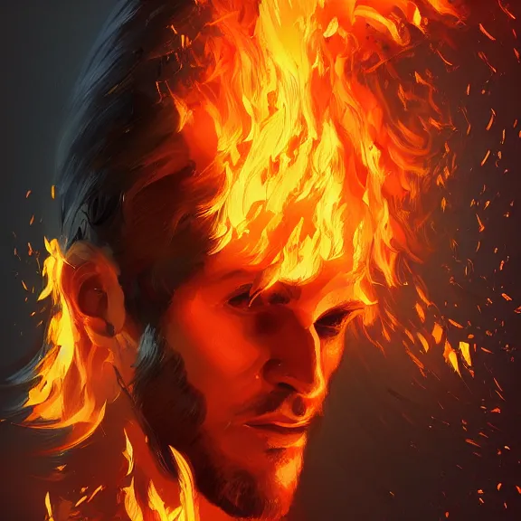 Prompt: marco bucci. digital painting of man on fire. Handsome. Long hair. portrait. ArtStation. Rule of thirds. Silouette. Pain.
