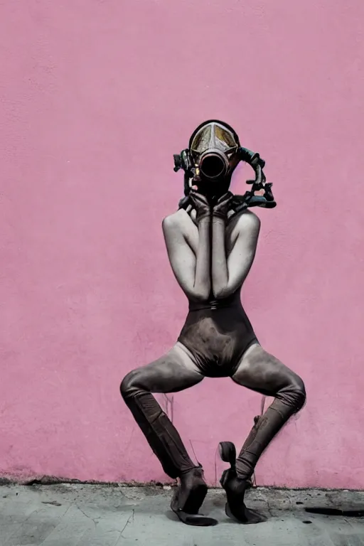 Image similar to a surreal portrait of intertwined and contorted figures wearing gas mask next to a pink wall in the style of brooke didonato, editorial fashion photography from vogue magazine, full shot, nikon d 8 1 0, ƒ / 2. 5, focal length : 8 5. 0 mm, exposure time : 1 / 8 0 0, iso : 2 0 0