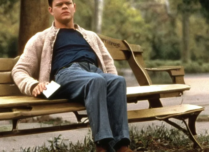 Prompt: film still of matt damon as forrest gump sitting on a bench with a box of chocolates in forrest gump, 4 k