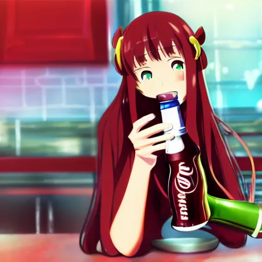 Image similar to Frederica Bernkastel drinking Coca-Cola, beautiful anime art, 4K