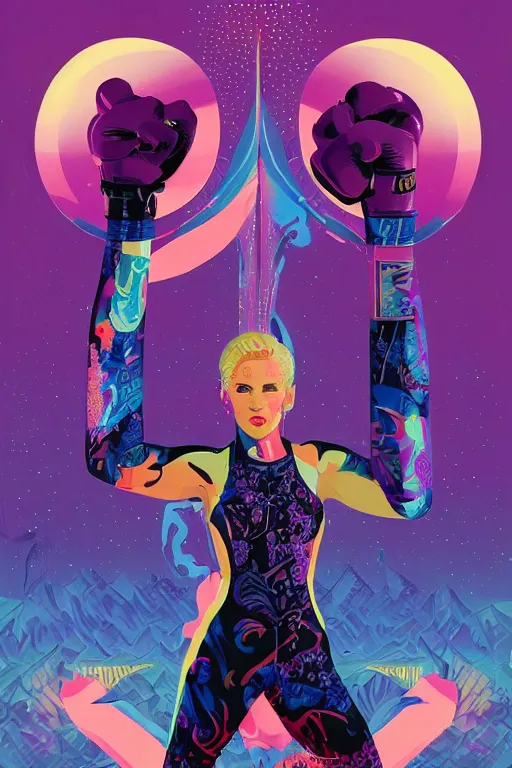 Image similar to a blonde woman mma fighter stands in fighting pose, a shadowy man towers behind her, purple and blue palette, tristan eaton, victo ngai, artgerm, rhads, ross draws