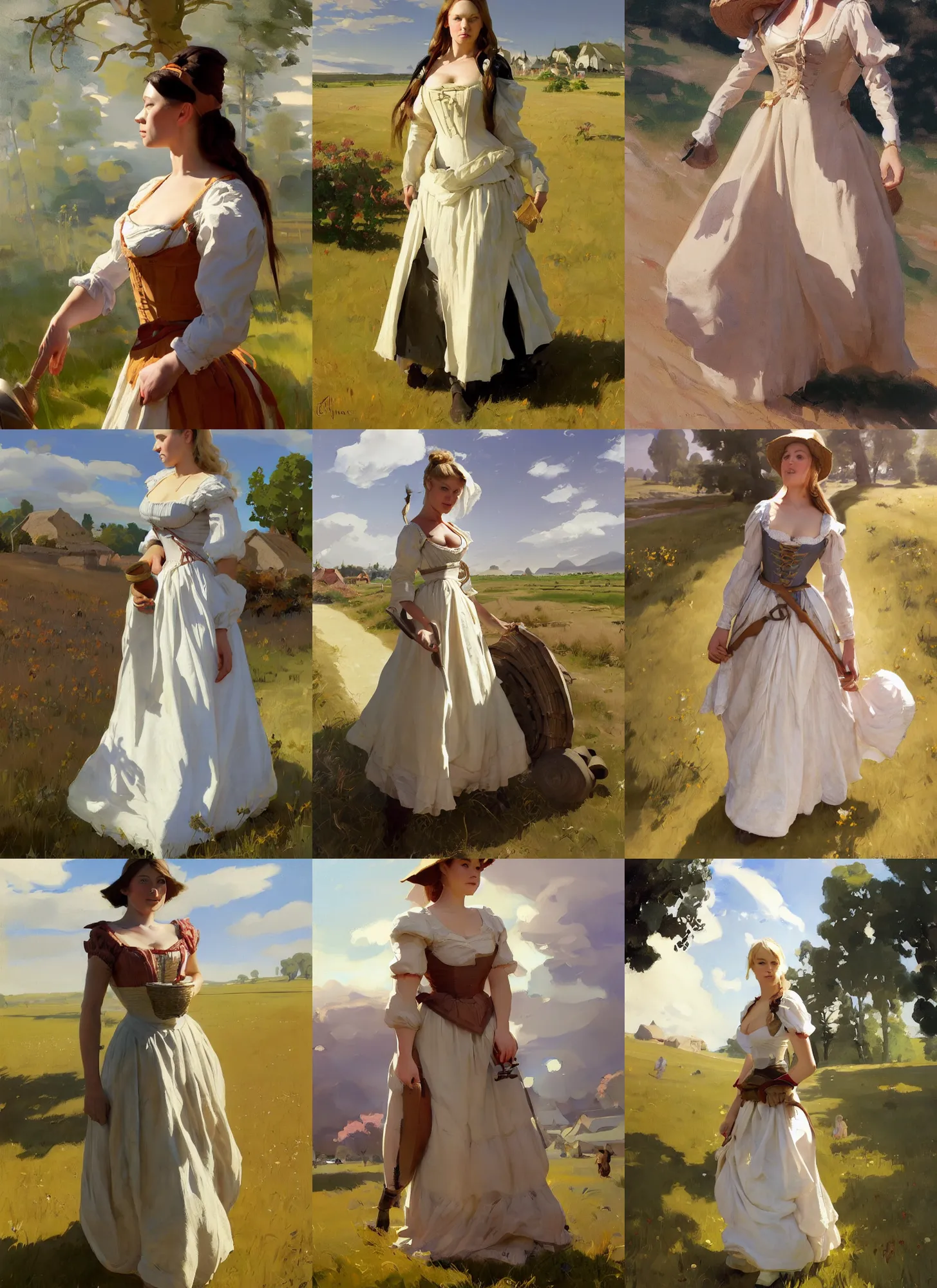 Image similar to finnish norwegian swedish scandinavian attractive glamour model as a village maiden wearing 1 7 th century bodice with low neckline walking in the field in a sunny day, jodhpurs greg manchess painting by sargent and leyendecker, studio ghibli fantasy medium shot asymmetrical intricate elegant matte painting illustration hearthstone, by greg rutkowski by greg tocchini by james gilleard