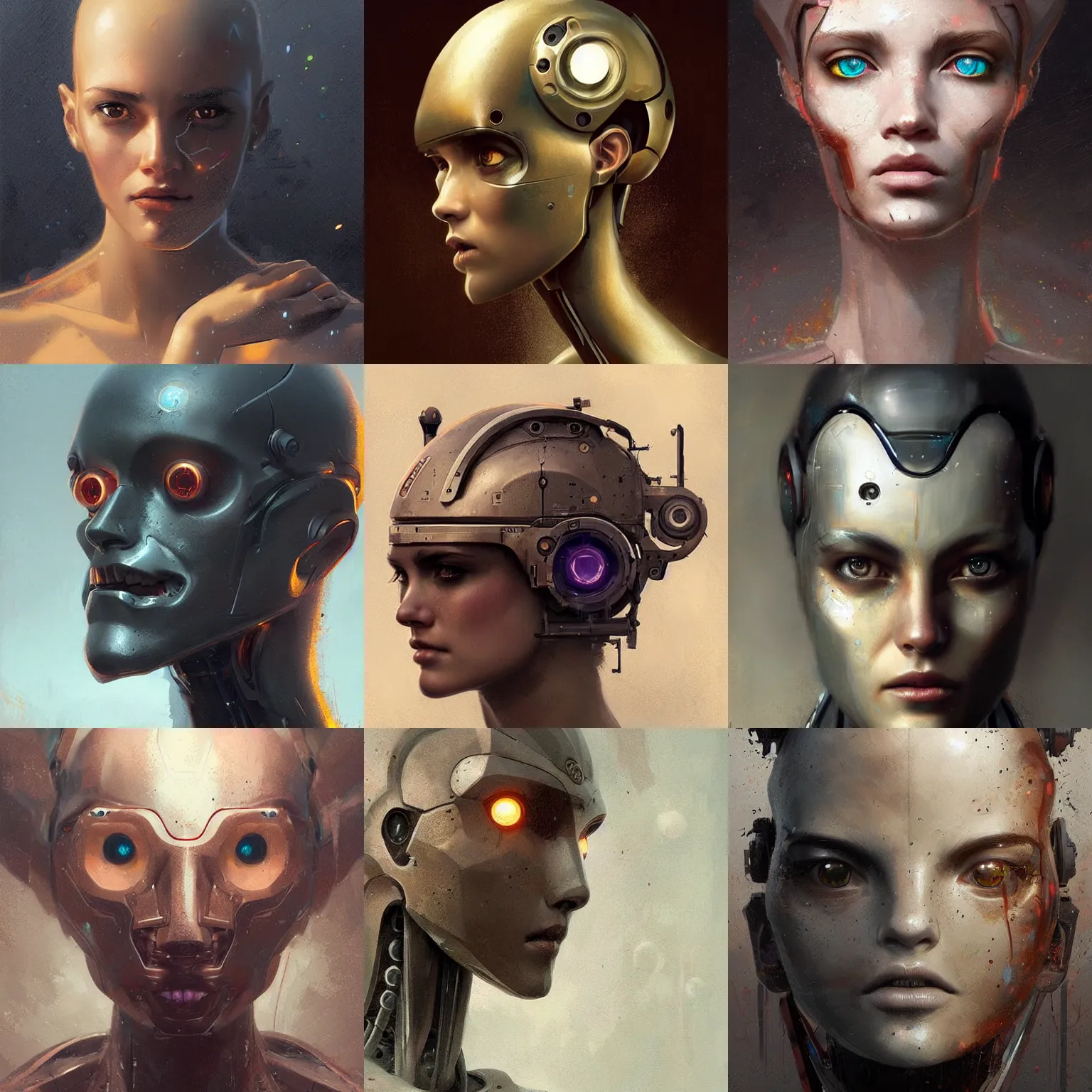 Prompt: a magical mechanical robot head, highly detailed, digital painting, smooth, sharp, beautiful face, expressive eyes, art by greg rutkowski