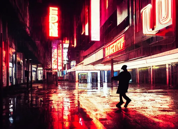 Image similar to a silhouetted person with long, flowing hair runs through an empty neon - lit brutalist city in the rain, colored gel lighting, reflective surfaces, midnight, portra, film grain, high contrast, hyperdetailed, chromatic aberration, reminiscent of the umbrellas of cherbourg, dynamic pose