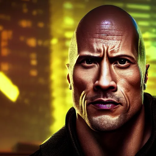 Image similar to dwayne johnson portrait, cyberpunk 2 0 7 7, photorealistic, ultra detailed, neon, octane, bokeh, cinematic lighting, cyber, cyberpunk city, studio quality, feature, scars, cyberface, 8 k