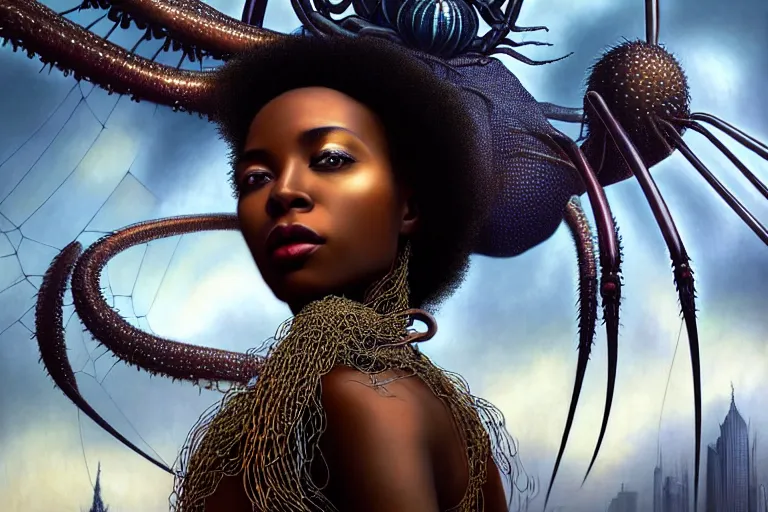 Image similar to realistic detailed closeup portrait movie shot of a beautiful black woman on a giant spider, dystopian city landscape background by denis villeneuve, amano, yves tanguy, alphonse mucha, ernst haeckel, edward robert hughes, roger dean, cyber necklace, rich moody colours, sci fi patterns, wide angle