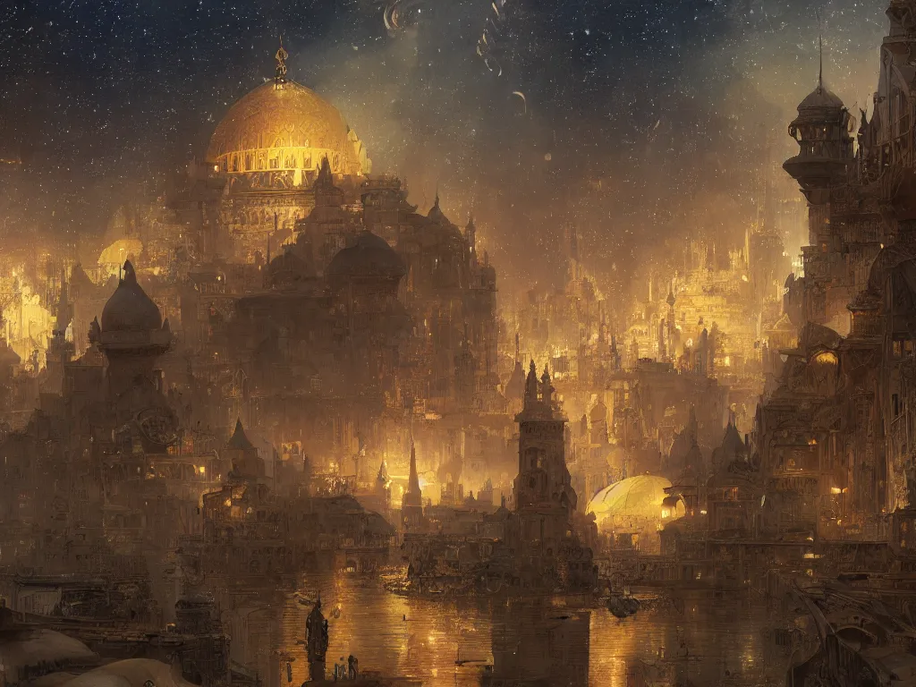 Image similar to a view from the river of a dome - covered city resembling ancient baghdad at night with the sky full of stars, intricate, elegant, highly detailed, digital painting, artstation, concept art, smooth, sharp focus, colored illustration for tattoo, art by krenz cushart and artem demura and alphonse mucha,