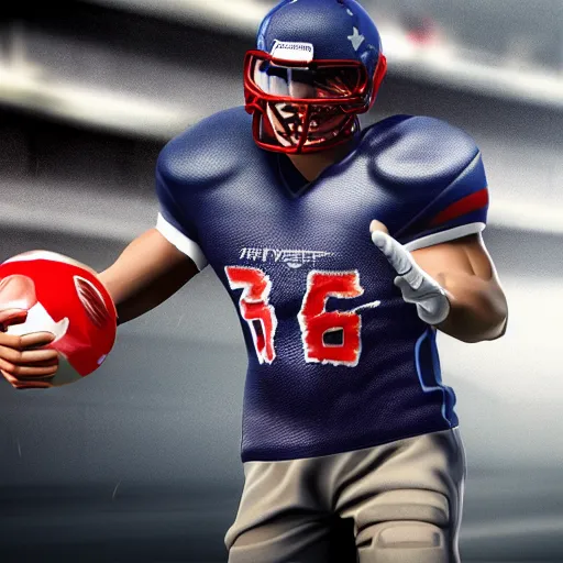 Image similar to american football player holding a soccer ball, 8 k, unreal engine, hyperrealistic