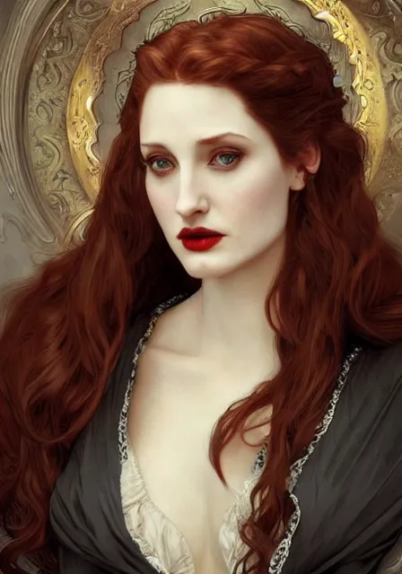 Image similar to sansa angeline jolie gessica chastain victorian vampire, intricate, elegant, highly detailed, digital painting, artstation, concept art, smooth, sharp focus, illustration, art by artgerm and greg rutkowski and alphonse mucha and william - adolphe bouguereau