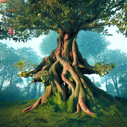 Image similar to fractal banyan tree, tropical, flowers, hyper detailed, volumetric lighting, octane render