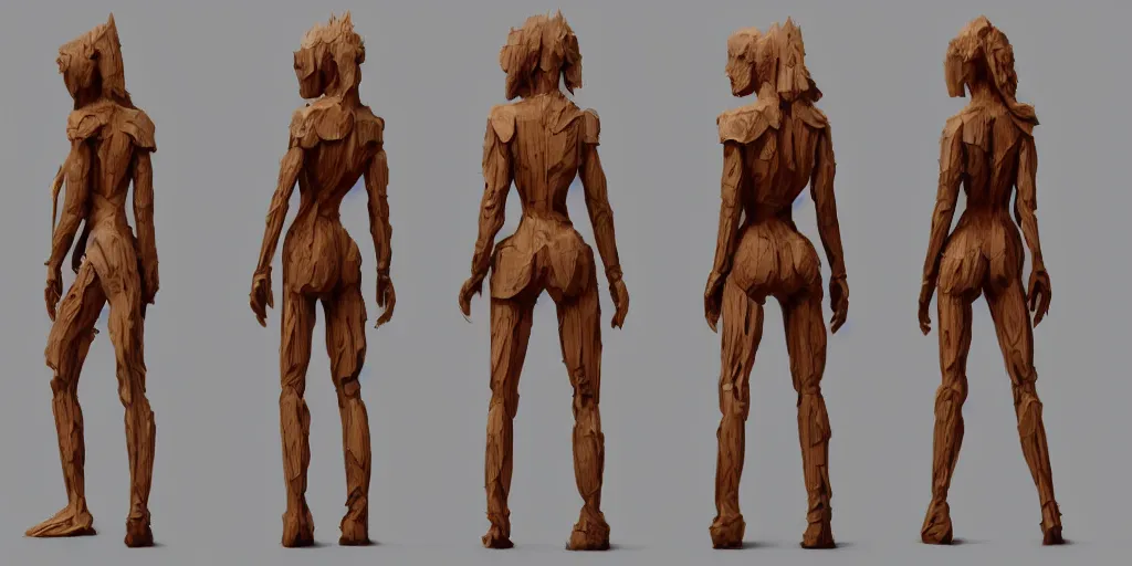 Image similar to wooden woman design, character sheet, 3d render, Greg Rutkowski, Zabrocki, Karlkka, Jayison Devadas, Phuoc Quan, trending on Artstation, 8K, ultra wide angle, zenith view, pincushion lens effect