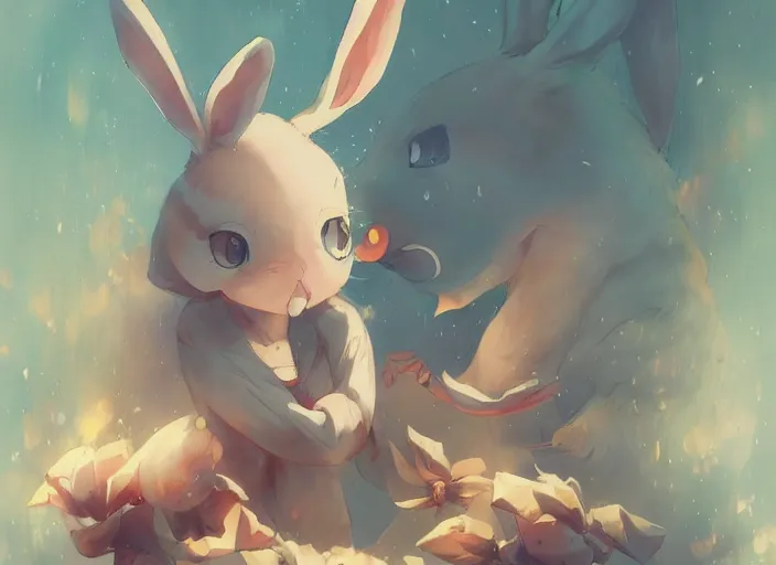 Image similar to a cute rabbit in a japanese anime!, rabbit, pa works, kyoani, studio orange, anime, contrast, pixiv, artstation, by satoshi kon, by peter mohrbacher