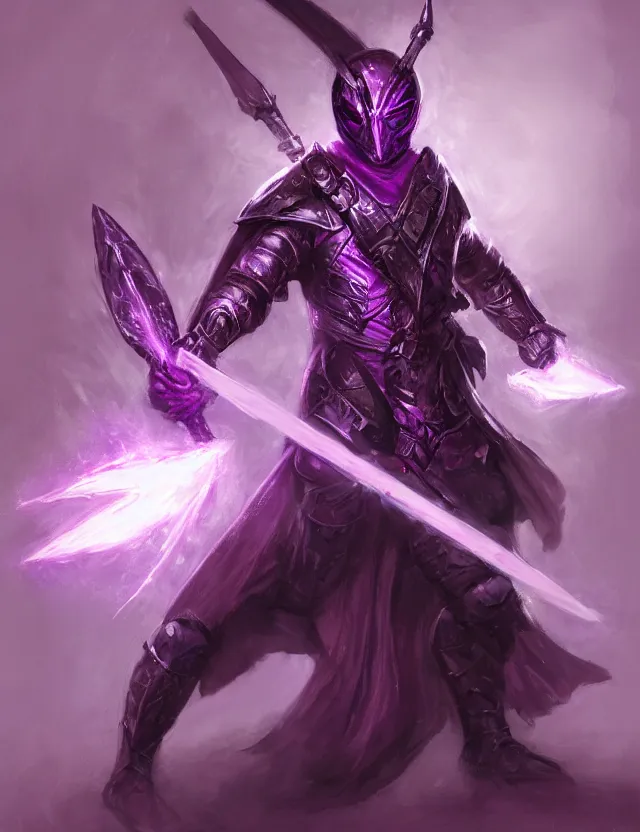 Image similar to a masked warrior in purple armour glowing violet, wielding a large purple sword that flashes with lightning, by frank fazetta and peter mohrbacher, trending on artstation, digital art, 4 k resolution, detailed, high quality, hq artwork, coherent, insane detail, concept art, character concept, character full body portrait