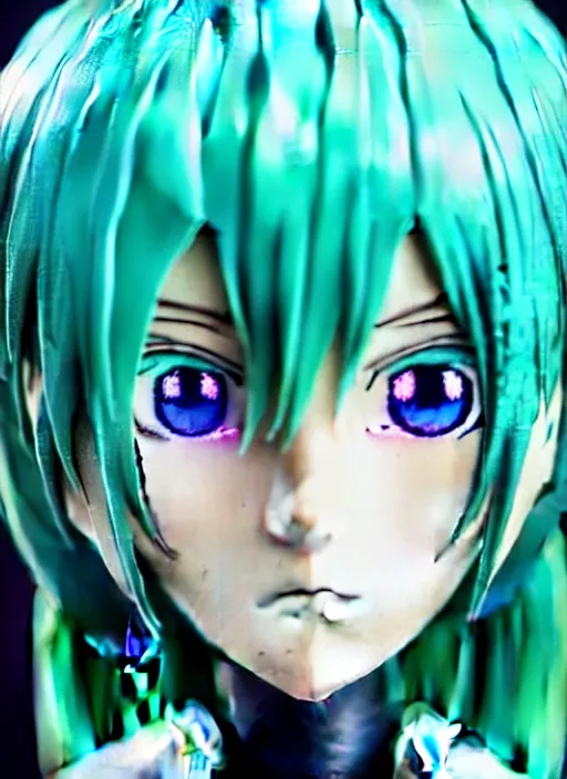 Image similar to Close-up portrait of an anime style android, robot made of anime figurine, sea-green hair and blue eyes, polycarbonate plastics, fiber-optics, fine joints, cute, wholesome, award-winning robotics