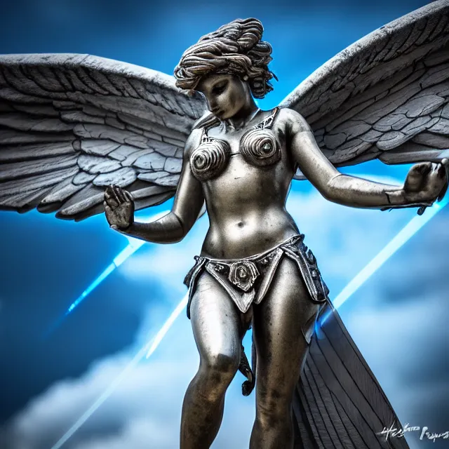 Image similar to photo of a winged valkyrie with light powers, highly detailed, 4 k, hdr, smooth, sharp focus, high resolution, award - winning photo