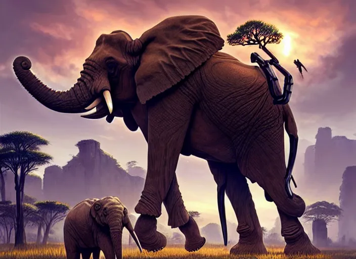 Prompt: symmetry!! landscape portrait of a herd of hybrid robot mammoth elephant with big tusk, floral! horizon zero dawn machine, intricate, elegant, highly detailed, digital painting, ancient ruins background, sunrise, background atmospheric lighting, ray tracing, artstation, concept art, smooth, sharp focus, illustration, art by artgerm and greg rutkowski 8 k