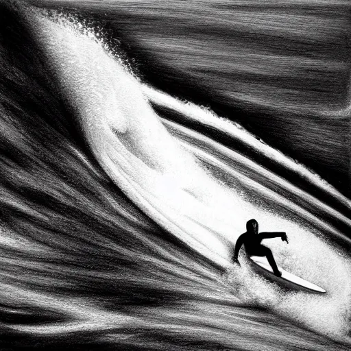 Prompt: black and white drawing, 3d, photorealistic imagery, surfer, lineart,