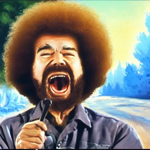 Prompt: bob ross screaming on motorcycle