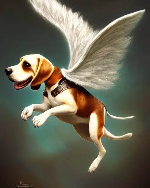 Image similar to cute flying beagle, cinematic, stunning, adorable, highly detailed fur, digital painting, artstation, smooth, hard focus, illustration, art by jessica rossier and and brian froud