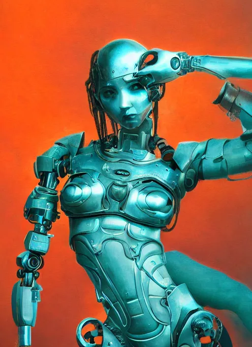 Image similar to ( ( symmetry ) ) closeup portrait of a stunning cyborg girl ( ( ( crying in tears ) ) ), armor set, strong cinematic light, backlit, teal orange, viscous volumetric smoke, mist, by gerald brom, by mikhail vrubel, by peter elson, muted colors, extreme detail, trending on artstation, 8 k