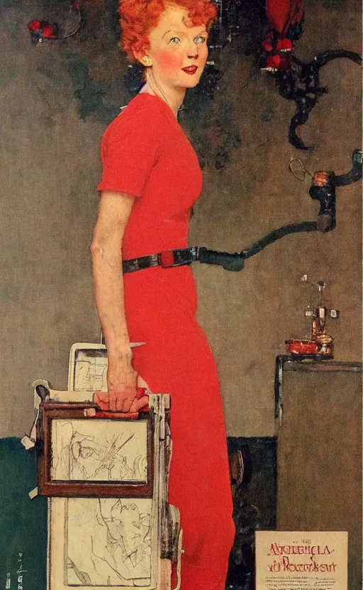 Prompt: a portrait made by norman rockwell!! of a red head woman! on an ocean liner!!!