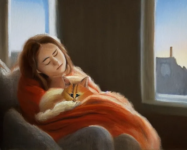 Prompt: a beautiful warm fuzzy painting of a woman curled up with a blanket, petting a cat who is purring with eyes closed. they are both sitting next to a window watching the sun set in winter.