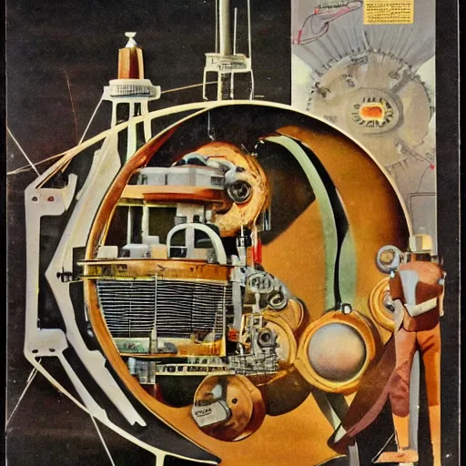 Image similar to 1960 magazine cut out collage of steam punk machinery terraforming Jupiter, Horst Jansen,