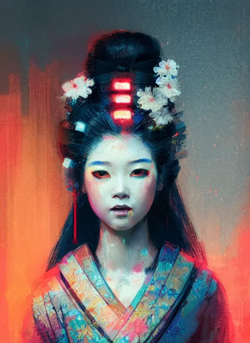 Prompt: female geisha girl, beautiful face, neon, rule of thirds, intricate outfit, spotlight, by greg rutkowski, by jeremy mann, digital painting