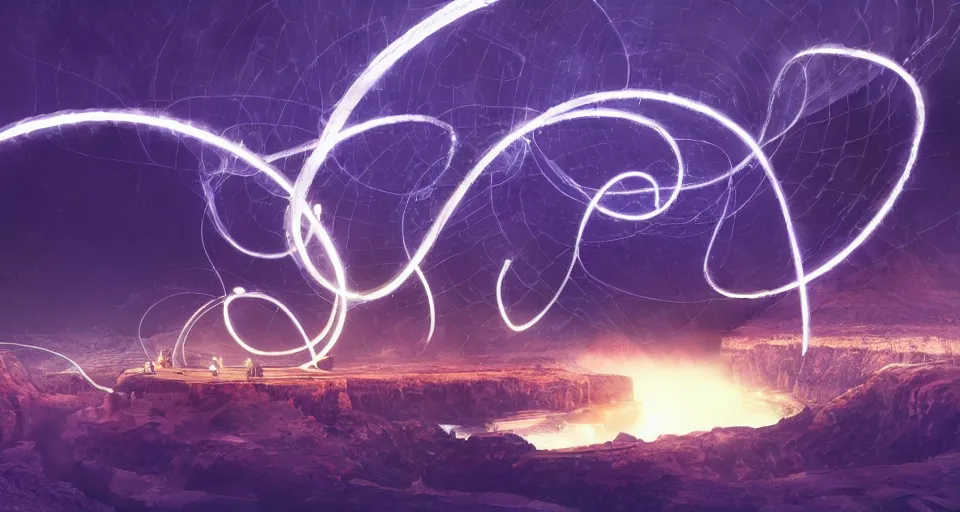 Image similar to night, a lot of people and a spiral - shaped white luminous attractor is floating in grand canyon, concept art, art for the game, professional lighting, art
