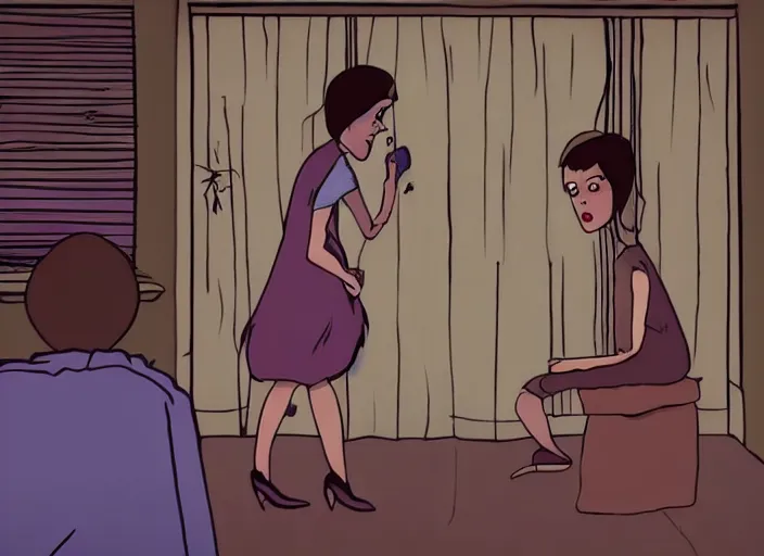 Image similar to still from animated horror movie, animated movie shot, love in denial