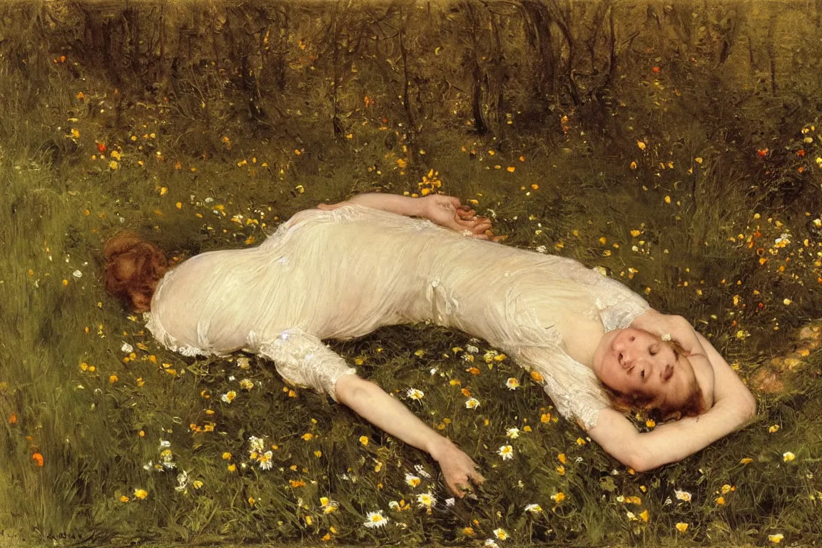 Prompt: John Everett Millais. Close up of pale woman lying horizontal in a dark shallow river. Thick forest. Colorful Flowers in hand. Golden brown dress with playful details, light dark very long hair. Apathetic, pale, looking up. Poppies, daisies, pansies. Accurate Nature. Naturalistic strong vibrant green colors. Fine brush strokes. Mysterious and realistic.
