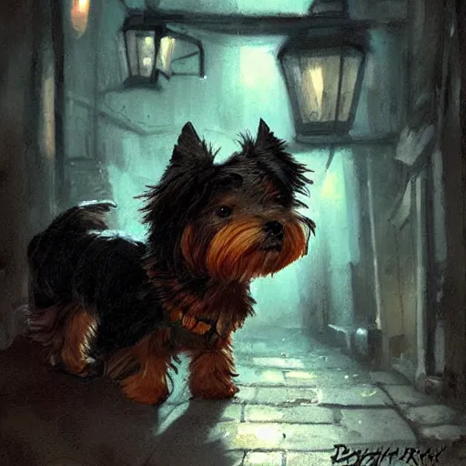 Prompt: detective yorkshire terrier wearing a funny hat, in a dark alley, Greg Rutkowski, art station