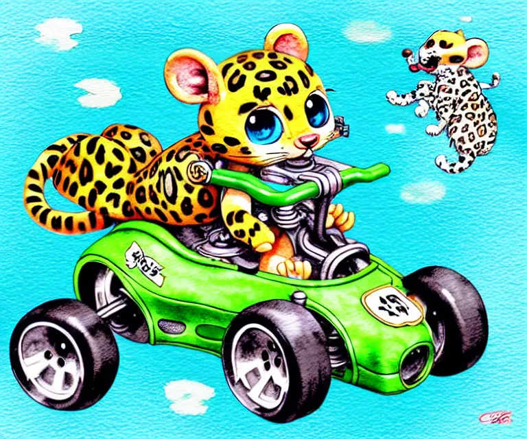 Image similar to cute and funny, baby leopard riding in a tiny go kart with oversized engine, ratfink style by ed roth, centered award winning watercolor pen illustration, isometric illustration by chihiro iwasaki, edited by range murata, tiny details by artgerm and watercolor girl, symmetrically isometrically centered