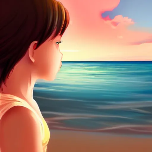 Image similar to girl looking at the sea on the beach during sunset, realistic shaded, highly detailed, anime, realistic