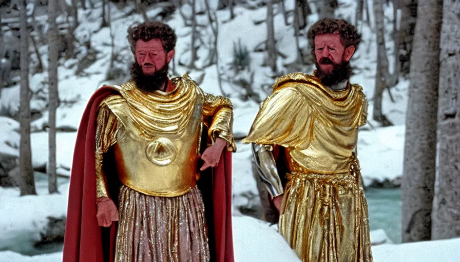 Prompt: 1 9 6 0 s movie still close up of marcus aurelius wearing a gold chestplate and a cape frozen to death under the snow by the side of a river with gravel, pine forests, cinestill 8 0 0 t 3 5 mm, high quality, heavy grain, high detail, texture, dramatic light, anamorphic, hyperrealistic, detailed hair, foggy