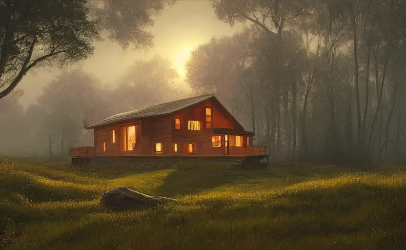 Image similar to a highly detailed epic cinematic concept art CG render digital painting artwork: small family cabin House, modern archetecture, excessove vegetation, foggy, dreamy, golden hour sunset By Greg Rutkowski, in the style of Francis Bacon and Syd Mead and Norman Rockwell and Beksinski, open ceiling, highly detailed, painted by Francis Bacon and Edward Hopper, painted by James Gilleard, surrealism, airbrush, Ilya Kuvshinov, WLOP, Stanley Artgerm, very coherent, triadic color scheme, art by Takato Yamamoto and James Jean